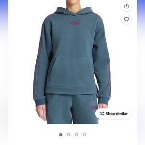 Puma Women’s Blue Hoodie Pink Piping Logo Sweatshirt Size Large